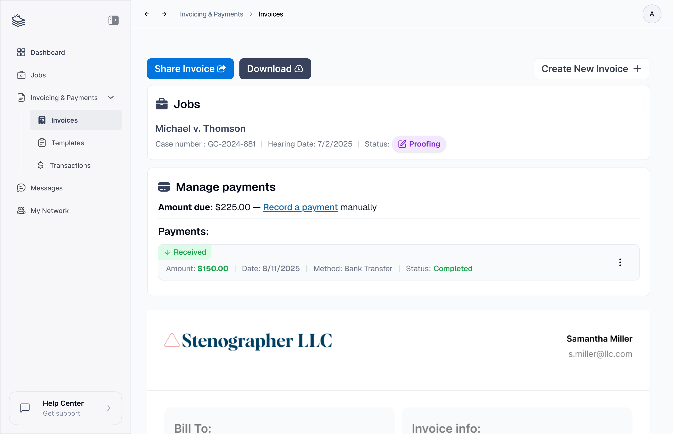 Invoicing dashboard view